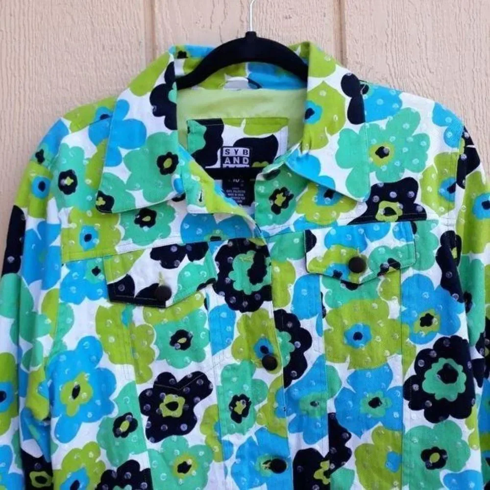 Whimsical 70's Flower Sequin Shaket Jean Jacket Floral Button Down Pockets Sz 10